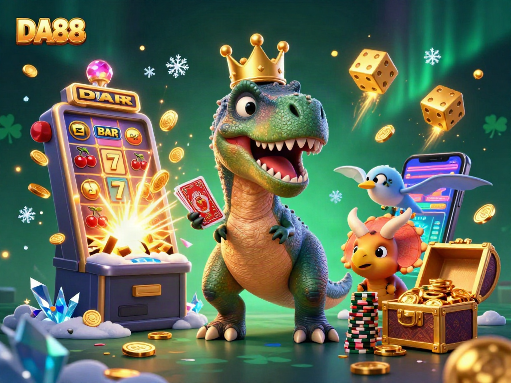 Experience DA88's dynamic gaming scene with a T-Rex shuffling cards and vibrant casino elements.