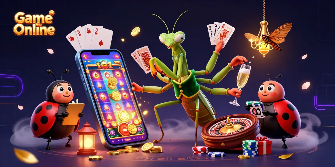 Engage in vibrant Game Online experiences with a praying mantis card sharp and ladybug pit boss amid dynamic casino elements.