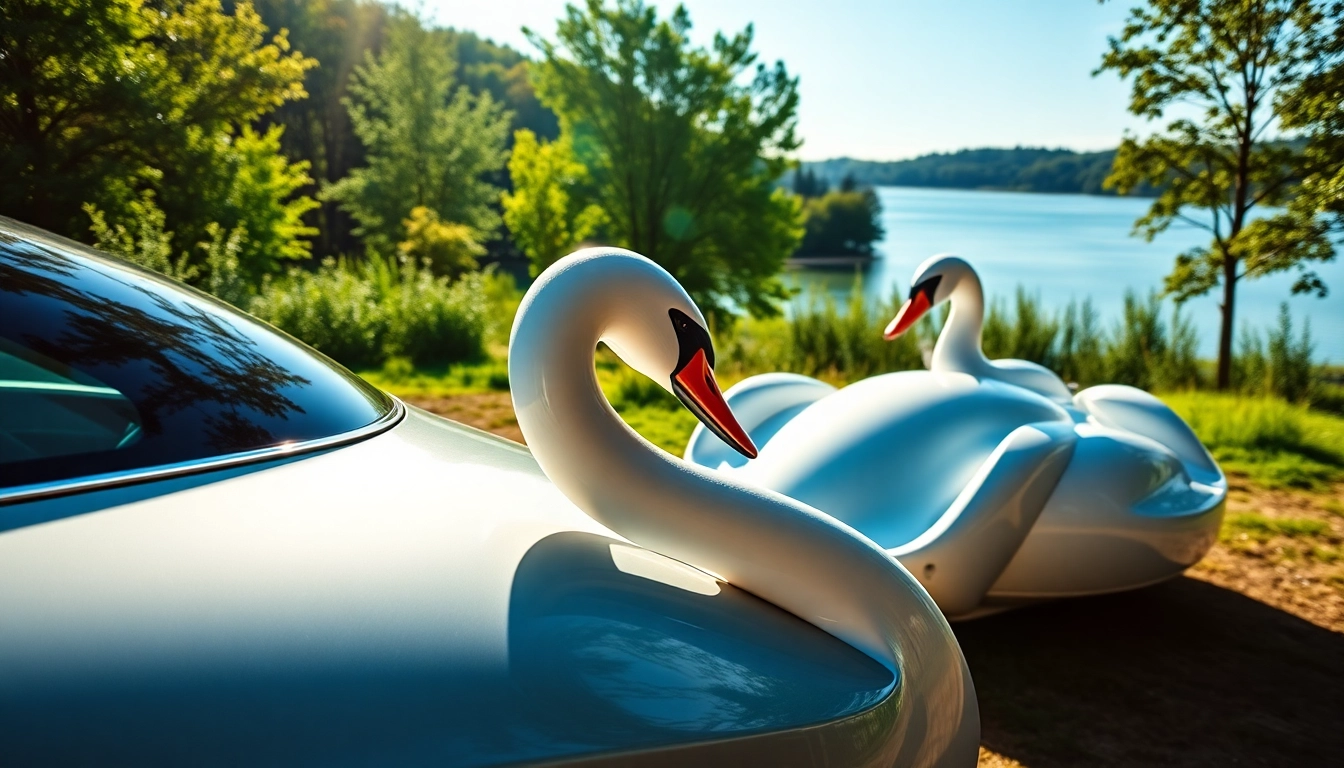 Swan Cars showcased in a picturesque countryside, emphasizing elegance and tranquility.