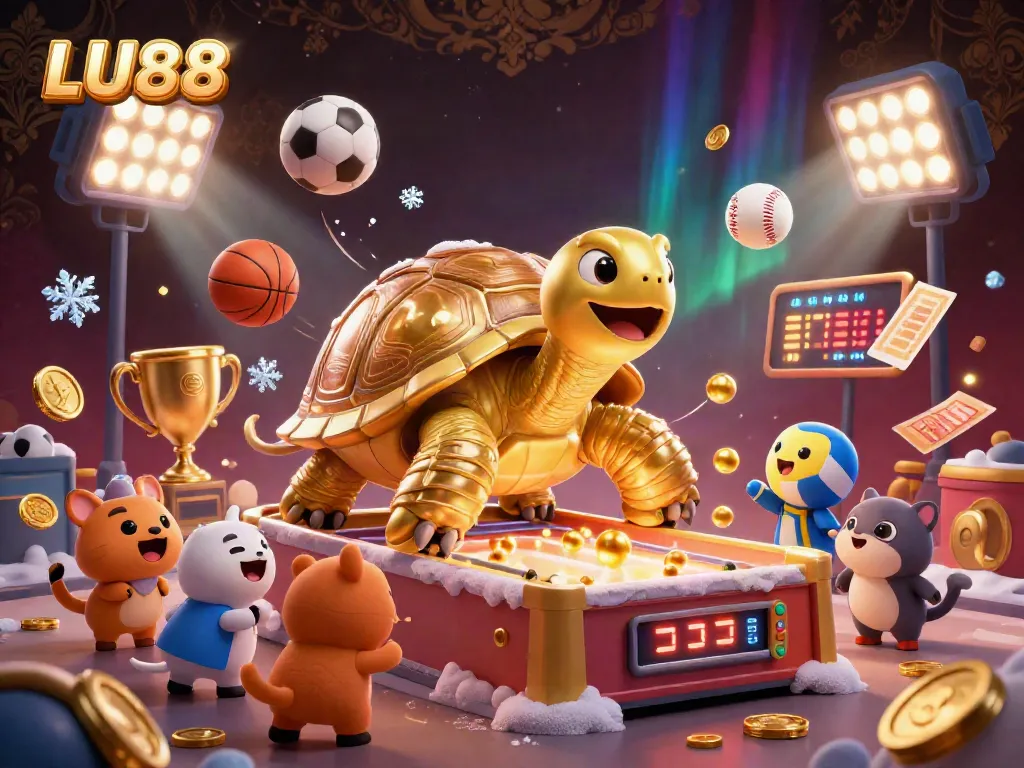 Experience thrilling wins at LU88, featuring a massive golden tortoise pinball game surrounded by excited players.
