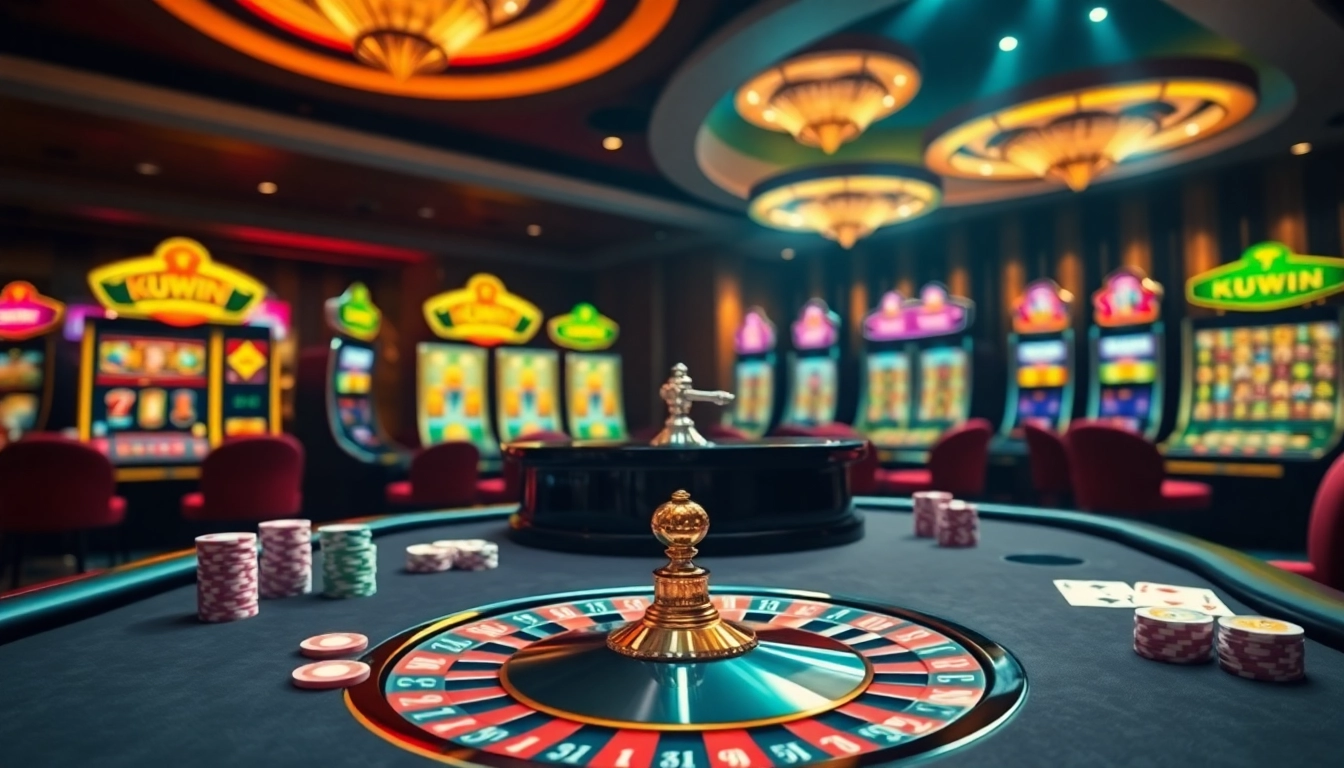 Experience thrilling gaming with KUWIN at a vibrant casino table filled with colorful poker chips and cards.