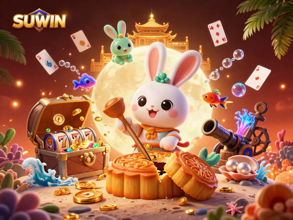 Suwin brings excitement with a colorful 3D scene of a moon rabbit and gaming elements.