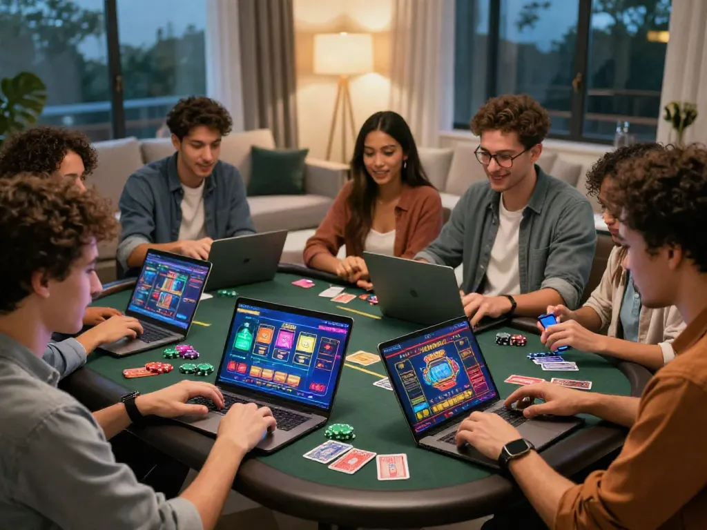 Friends enjoying a lively gaming session at online credit card casinos in a cozy living room.