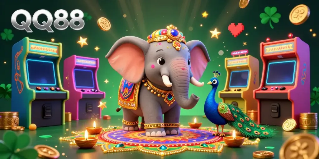 Experience the excitement of QQ88 in a vibrant 3D casino illustration filled with colorful characters and dynamic game elements.