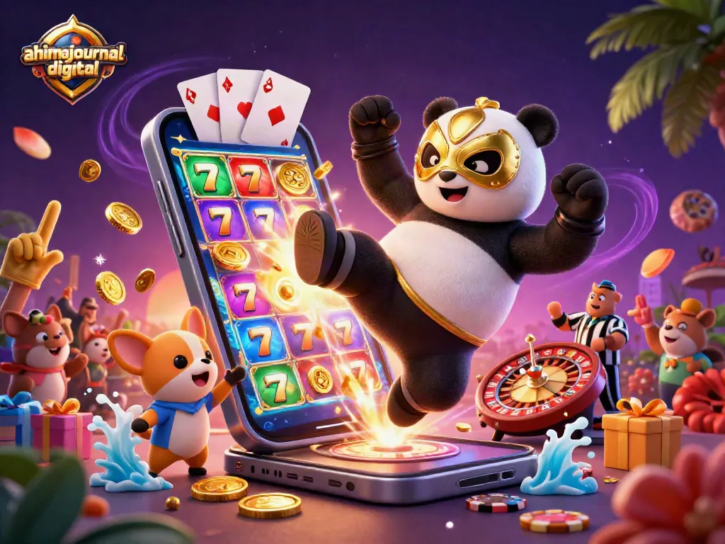 Engage in winning fun with ahimajournal-digital’s lively 3D casino illustration featuring a panda wrestler and vibrant gambling elements.