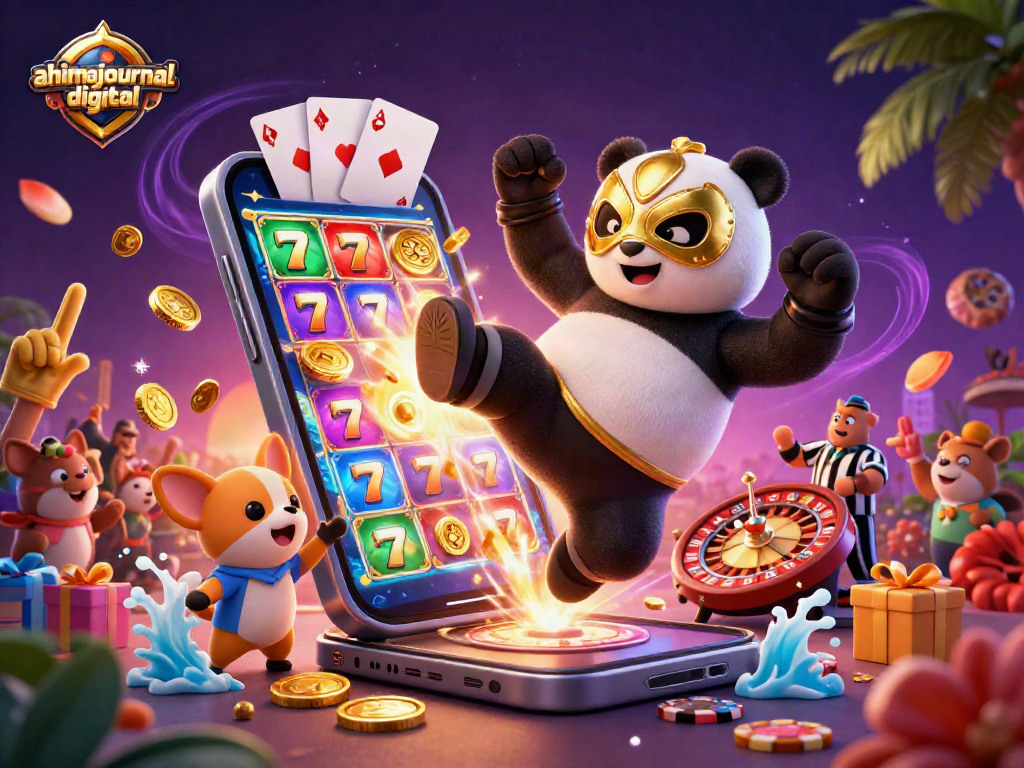Engage in winning fun with ahimajournal-digital’s lively 3D casino illustration featuring a panda wrestler and vibrant gambling elements.