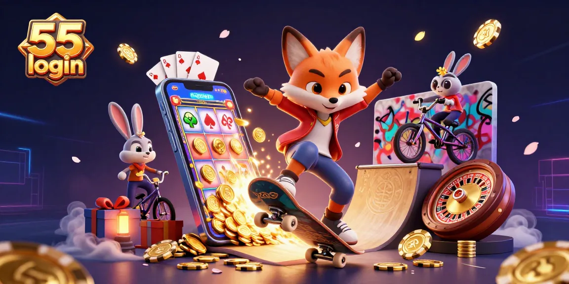 Experience the excitement of 55 club login, featuring a playful cartoon fox and rabbit in a vibrant casino setting.