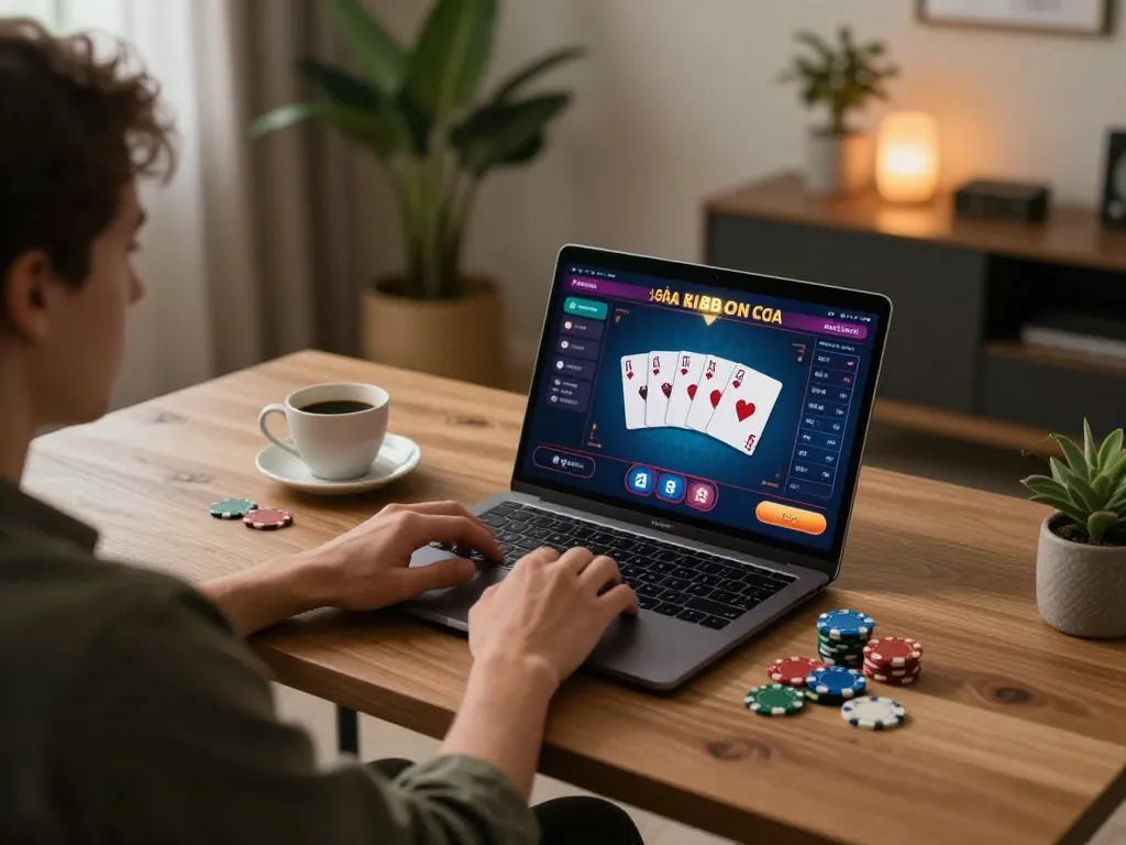Engaging in an online game bài session at home, showcasing a modern gaming setup with a laptop and poker cards.