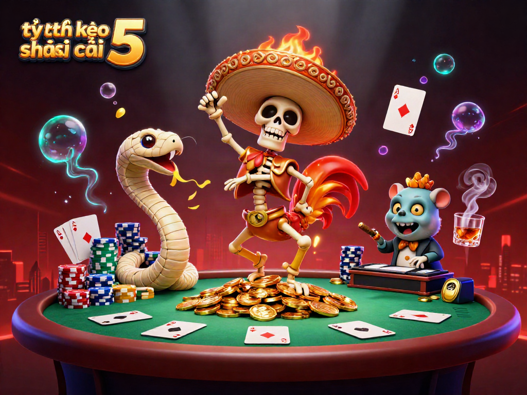 Experience the excitement of tỷ lệ kèo nhà cái 5 with a vibrant 3D casino scene featuring engaging characters and dynamic game elements.