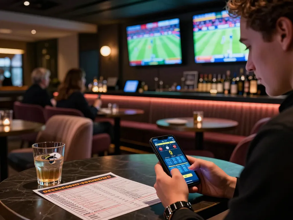 SIN88 sports betting excitement with patrons checking odds in a lively lounge.