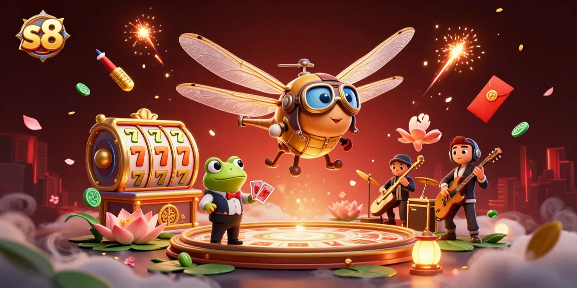 Engage in the thrilling world of s8 with a dynamic casino scene showcasing a dragonfly pilot and a frog croupier.