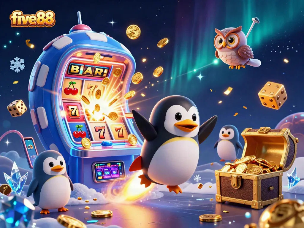 Experience the vibrant five88 casino adventure with a golden penguin amidst bursting slot machines and flying coins.