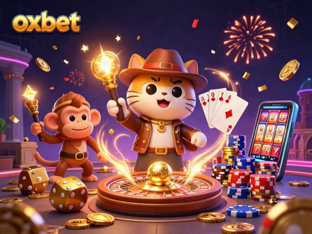 Experience the thrilling world of oxbet with an explorer cat discovering casino artifacts and exciting game elements.