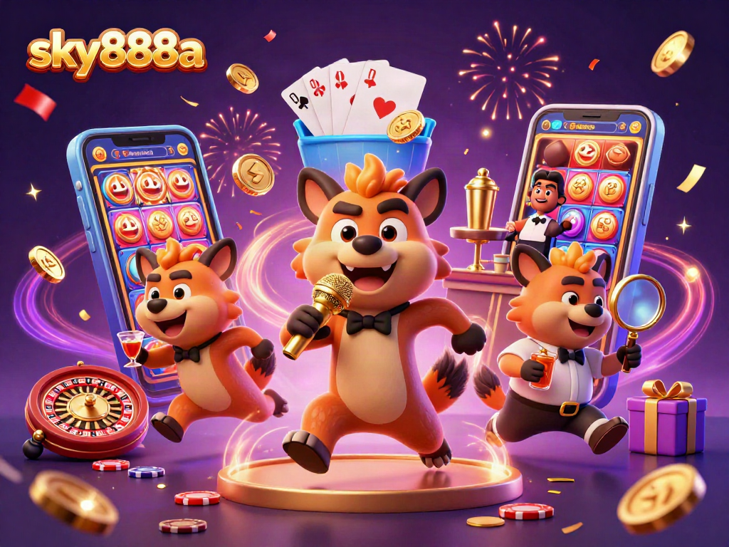 Experience excitement at sky888a with lively hyena characters in a vibrant casino scene.