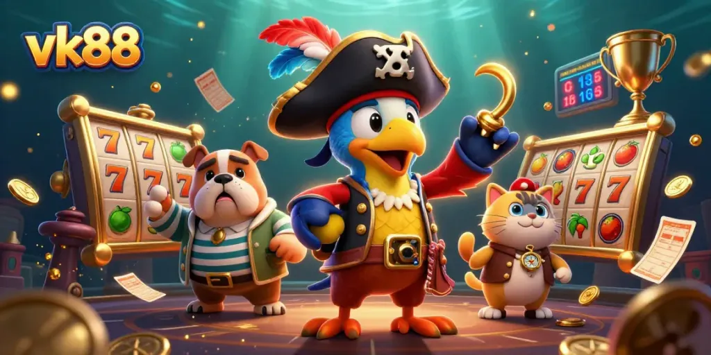 Engage with vk88 through thrilling slot reels, a pirate captain, and gambling elements in action.