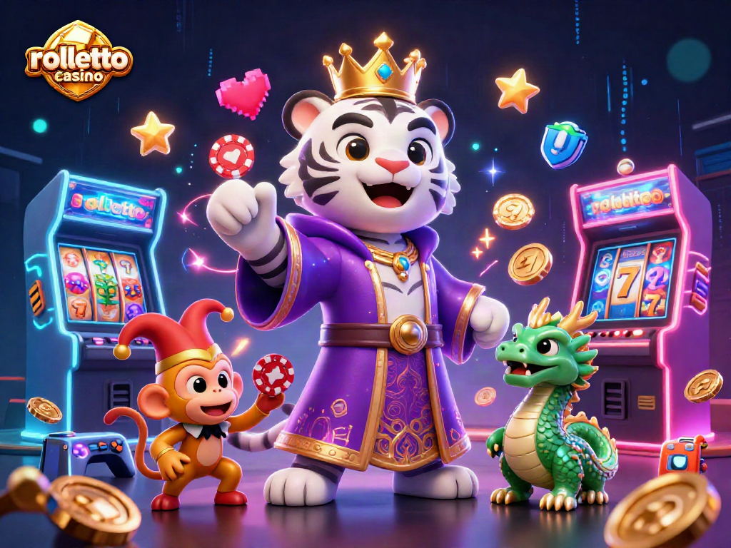 Experience rolletto casino magic with a vibrant 3D scene featuring a tiger, monkey, and dragon amidst casino games.
