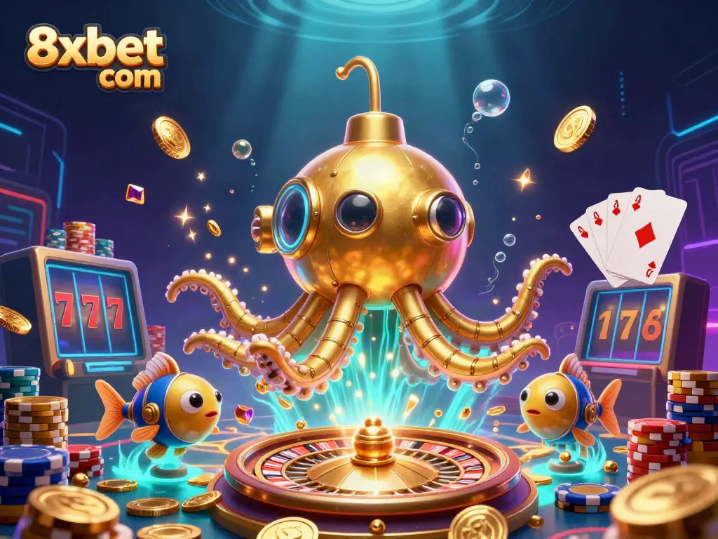 Engage with 8xbet com's exciting underwater casino adventure featuring a kraken submarine and dynamic game elements.