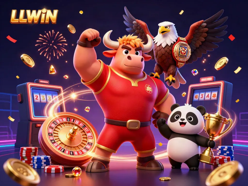 Experience the excitement of LLWIN with a vibrant 3D illustration featuring casino elements and mascots celebrating victory.