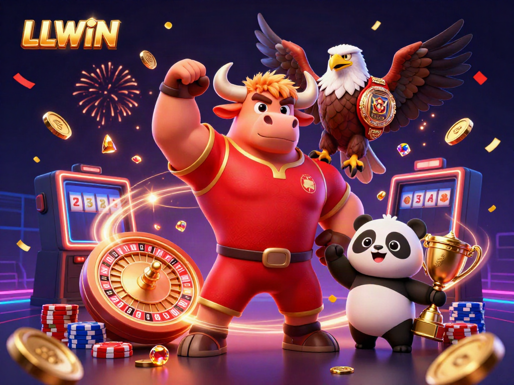 Experience the excitement of LLWIN with a vibrant 3D illustration featuring casino elements and mascots celebrating victory.
