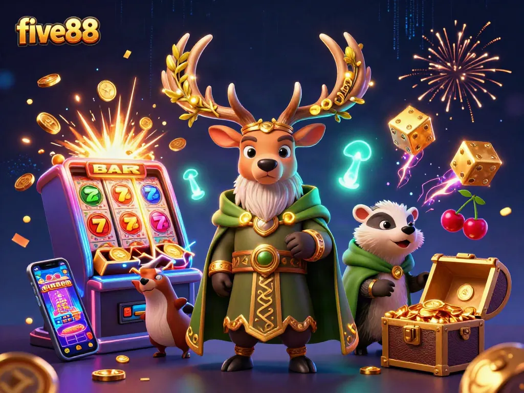 Play exciting games at five88, featuring vibrant slot machines and magical druid characters.