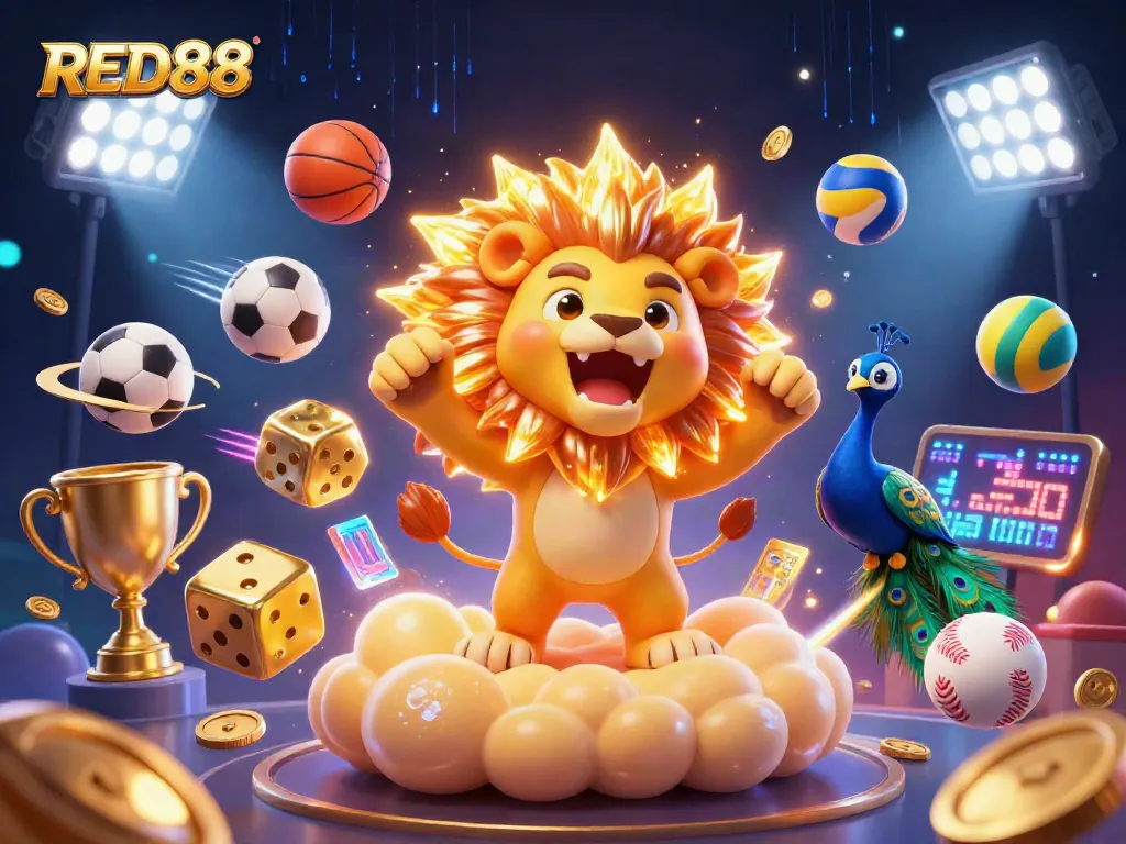 Play exciting games at RED88, featuring dynamic action with roaring mascot, golden elements, and vibrant casino atmosphere.