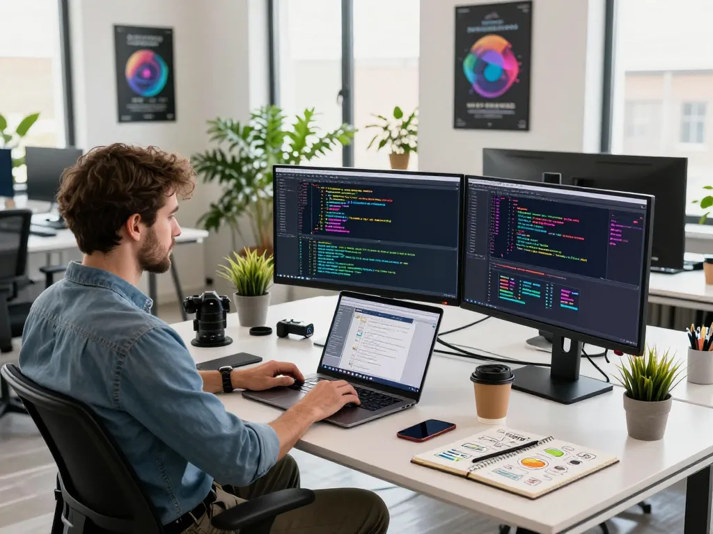 Dynamic tech workspace showcasing a developer using a video to prompt generator with multiple monitors and vibrant coding displays.