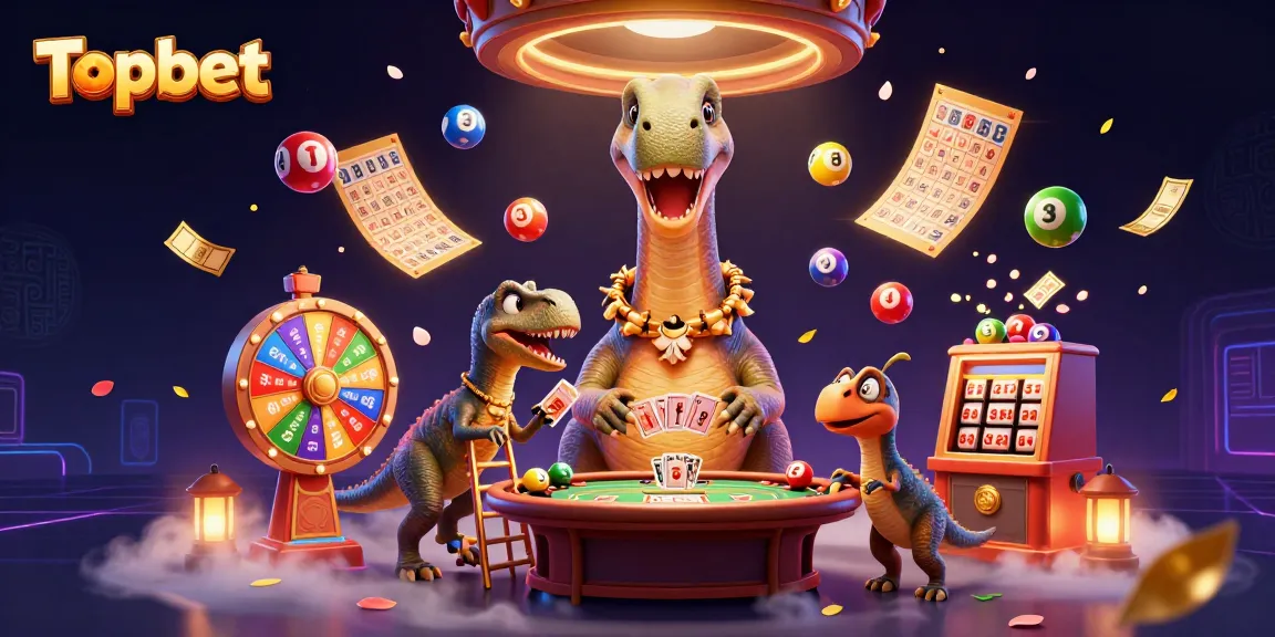 Topbet delights bettors with a vibrant casino scene featuring a brontosaurus and raptor engaging in gambling fun.