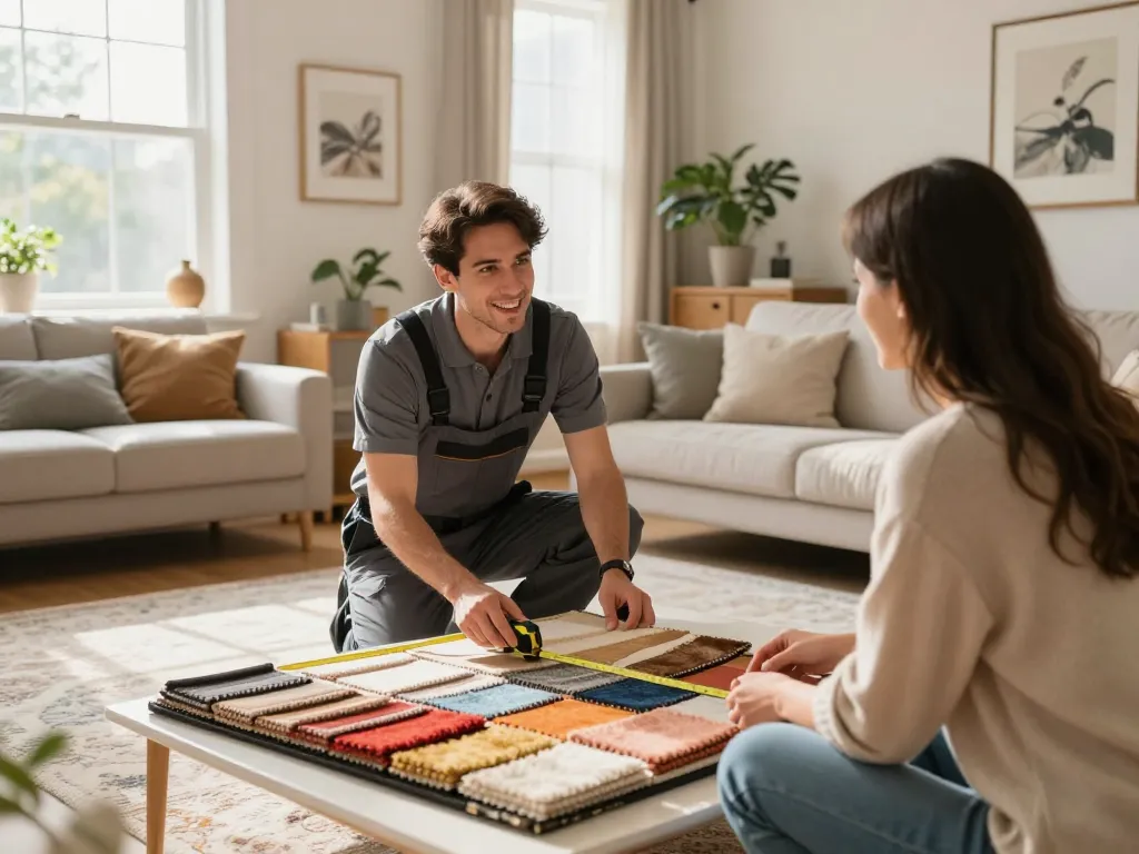 Professional carpet fitters near me consulting in a bright living room.