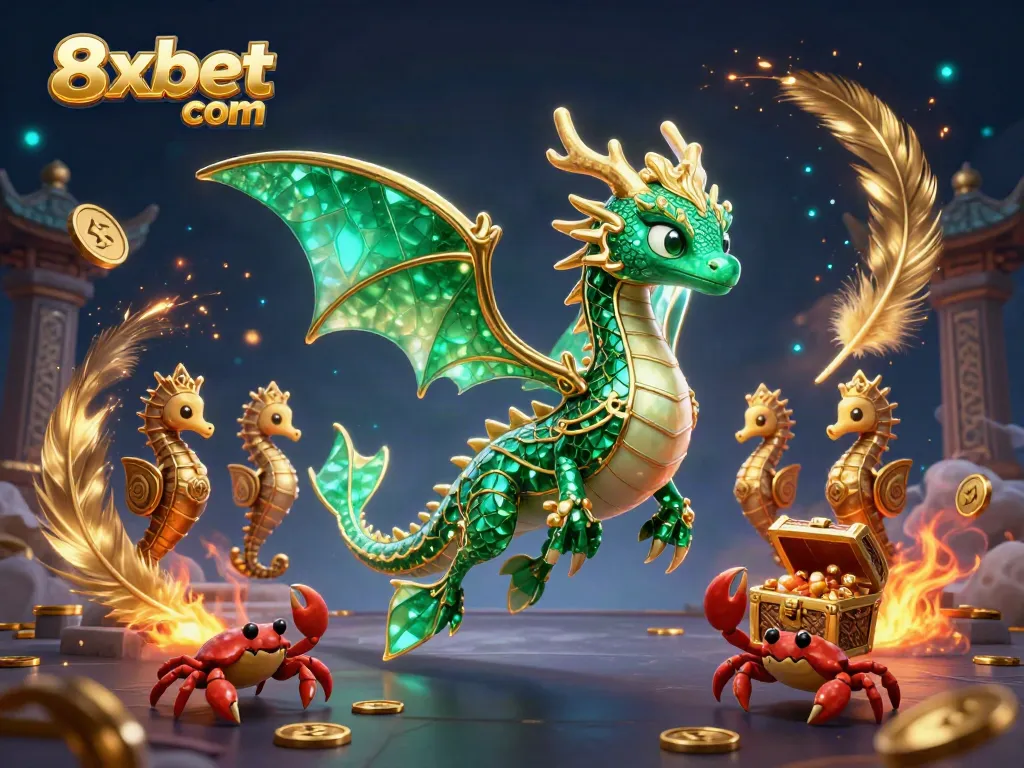 Experience the excitement of 8xbet com with an enchanting sea dragon and treasure scene.