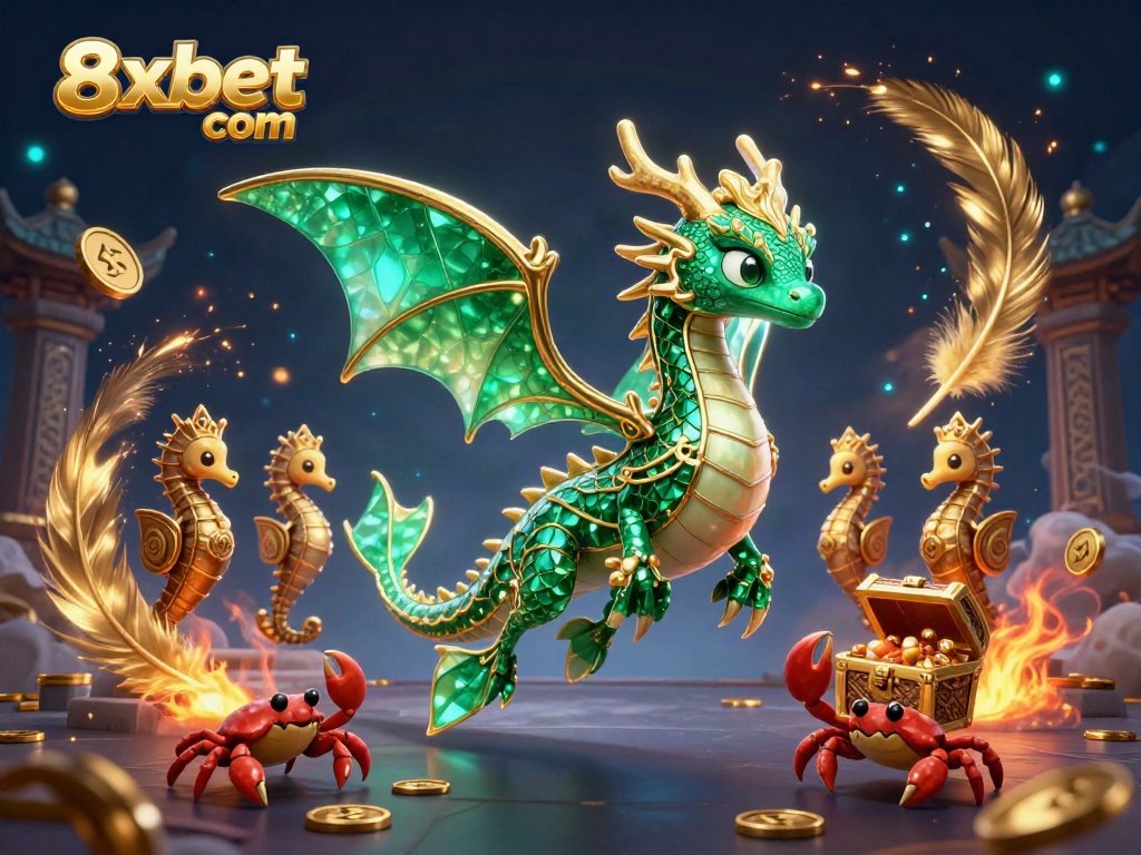 Experience the excitement of 8xbet com with an enchanting sea dragon and treasure scene.