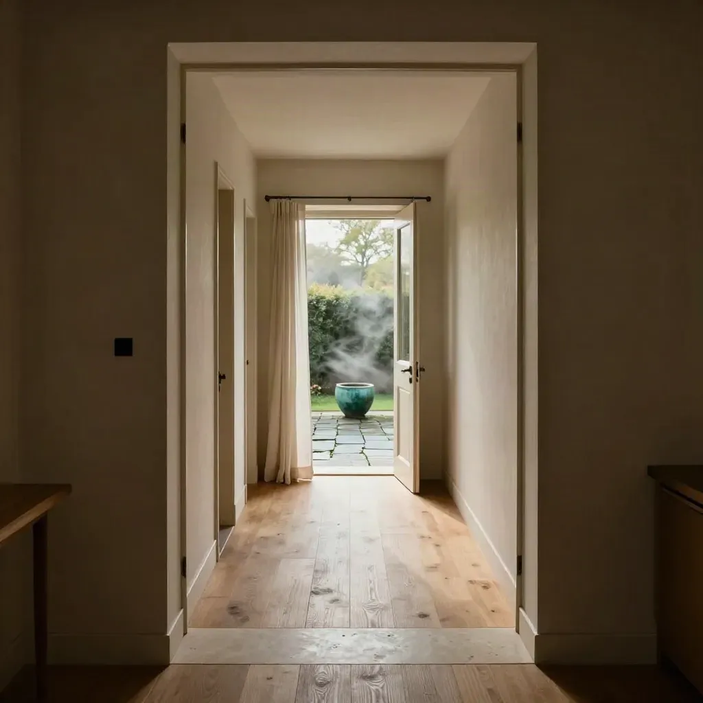 Open flat with ajar doors leading to a small garden, captured mid-breeze.
