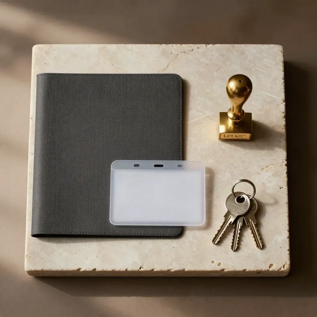 Top-down tenant referencing still life with folder, ID sleeve, brass stamp and keys on stone.
