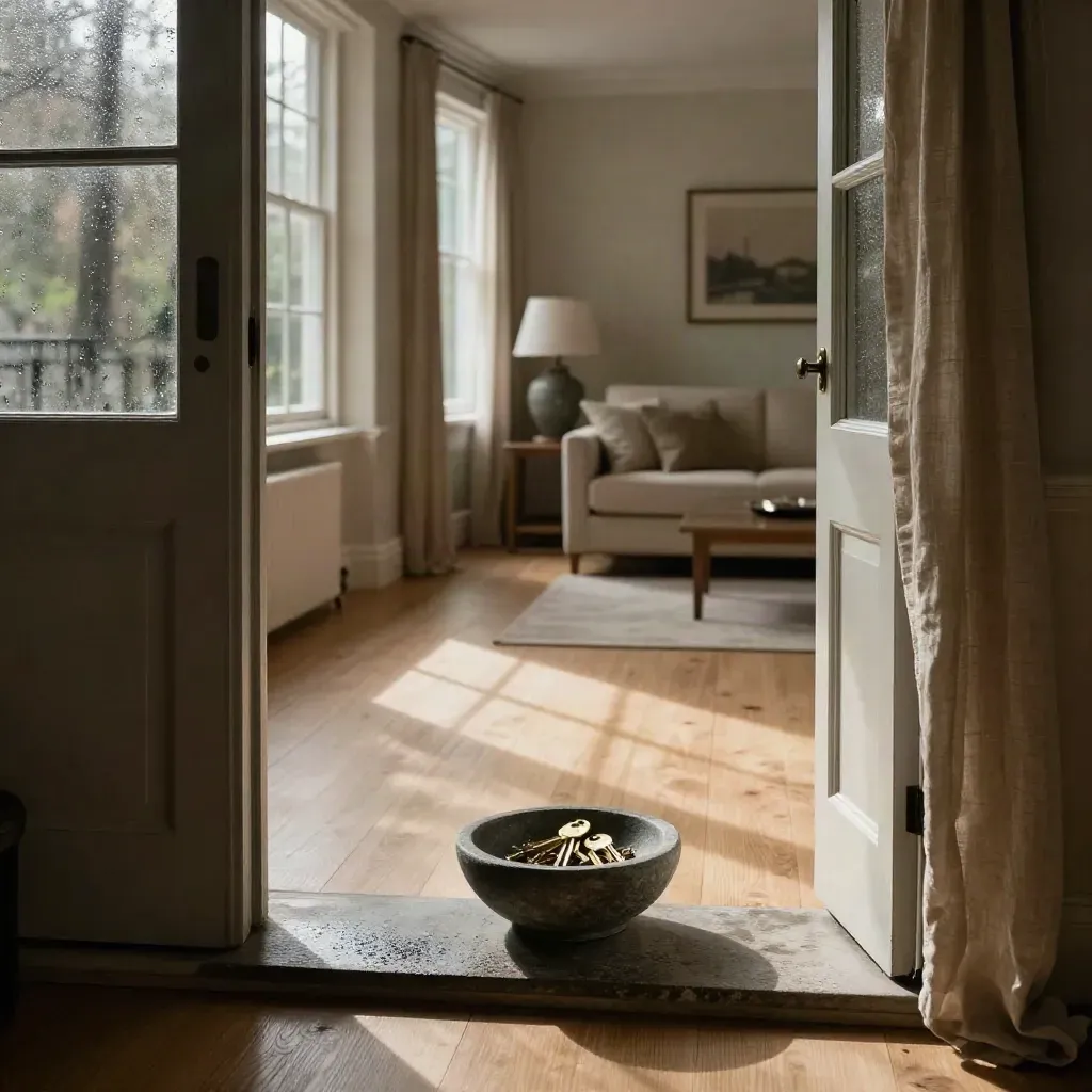 Rainy morning rental flat with keys, open sash windows and soft sunlight at the doorway.