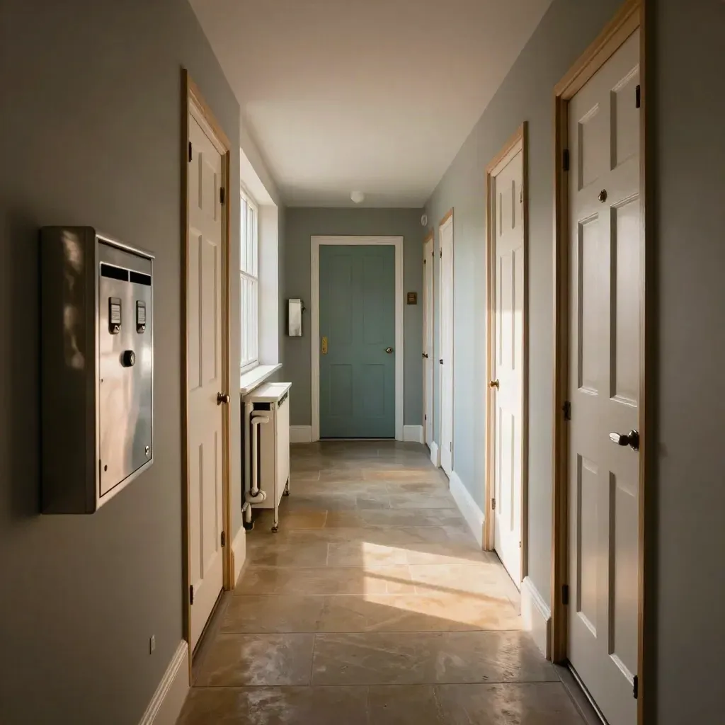 Calm Croydon HMO corridor with six doors, postboxes and a meter cupboard in warm late-day light.