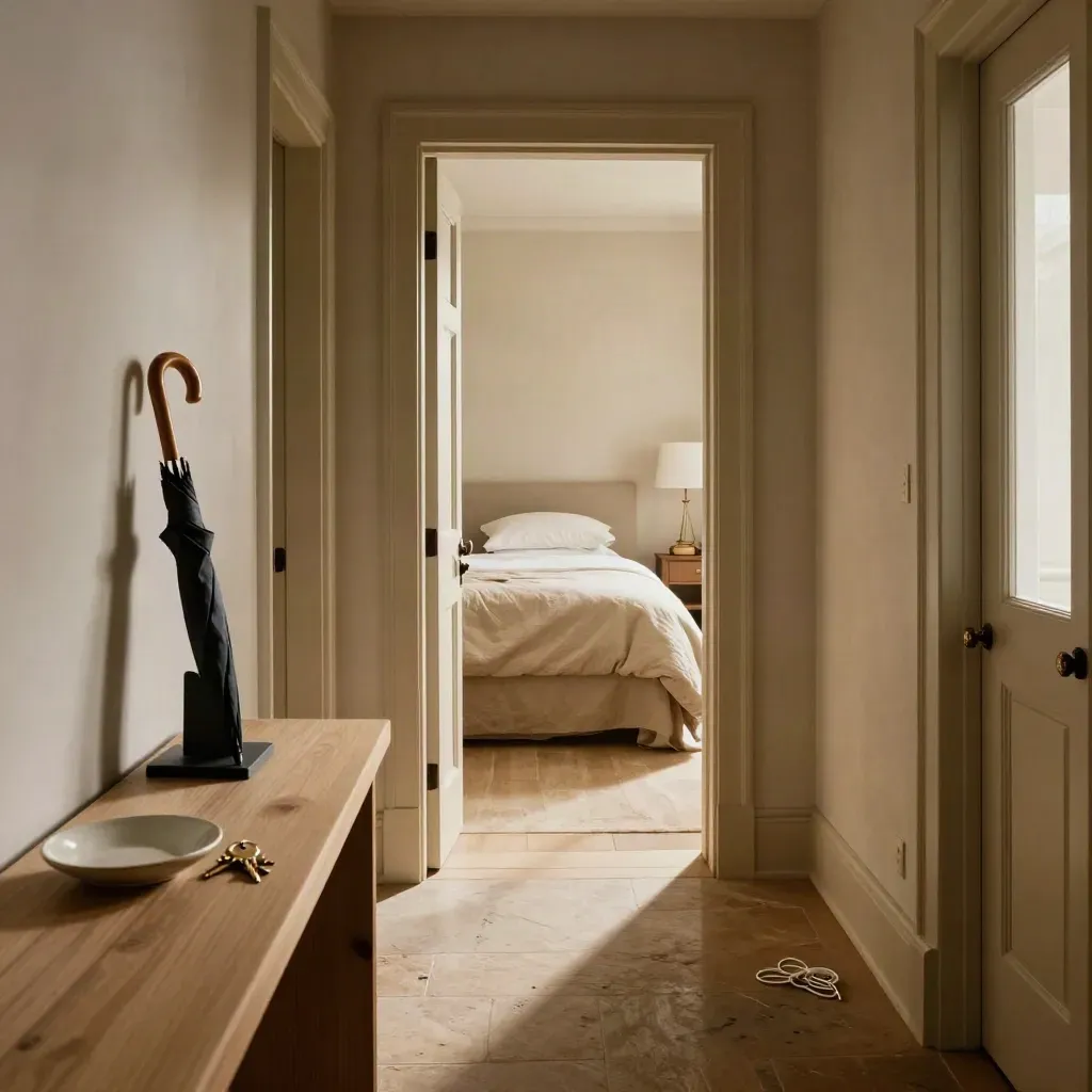 Kingston hallway with brass keys, open doors and a linen-wrapped bed ready for move-in.
