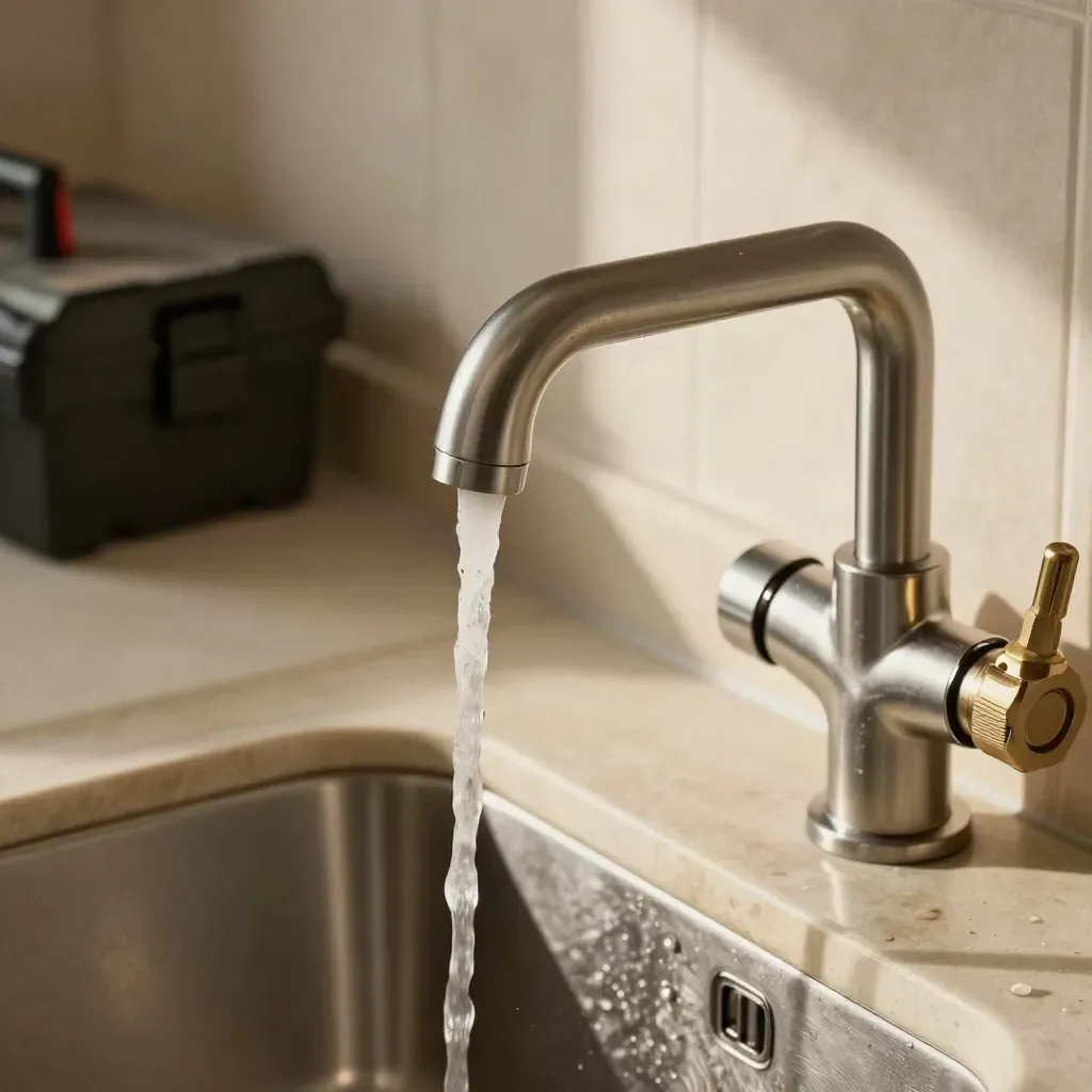 Repaired kitchen tap and sink with aligned pipework, toolbox and water trickle