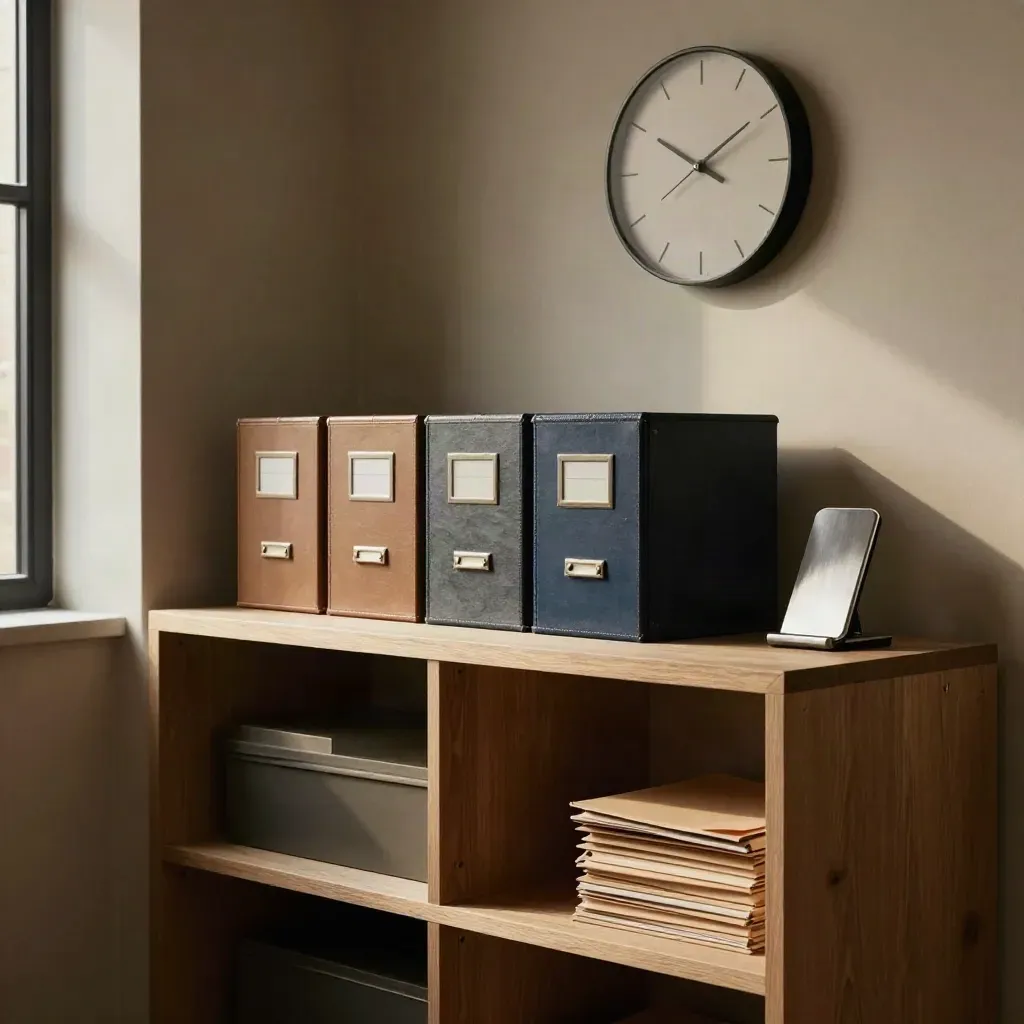 Neat landlord update corner with file boxes, clock, phone dock and shelving