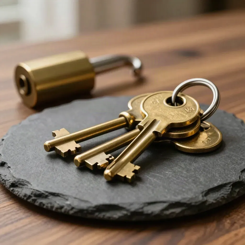 Brass property keys and slate dish on walnut, lit as a premium lettings macro still life.