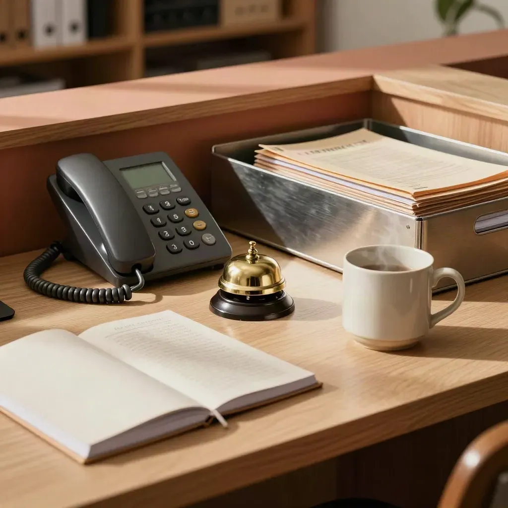 Support desk still life with phone, bell, steaming mug and inbox tray in soft daylight.
