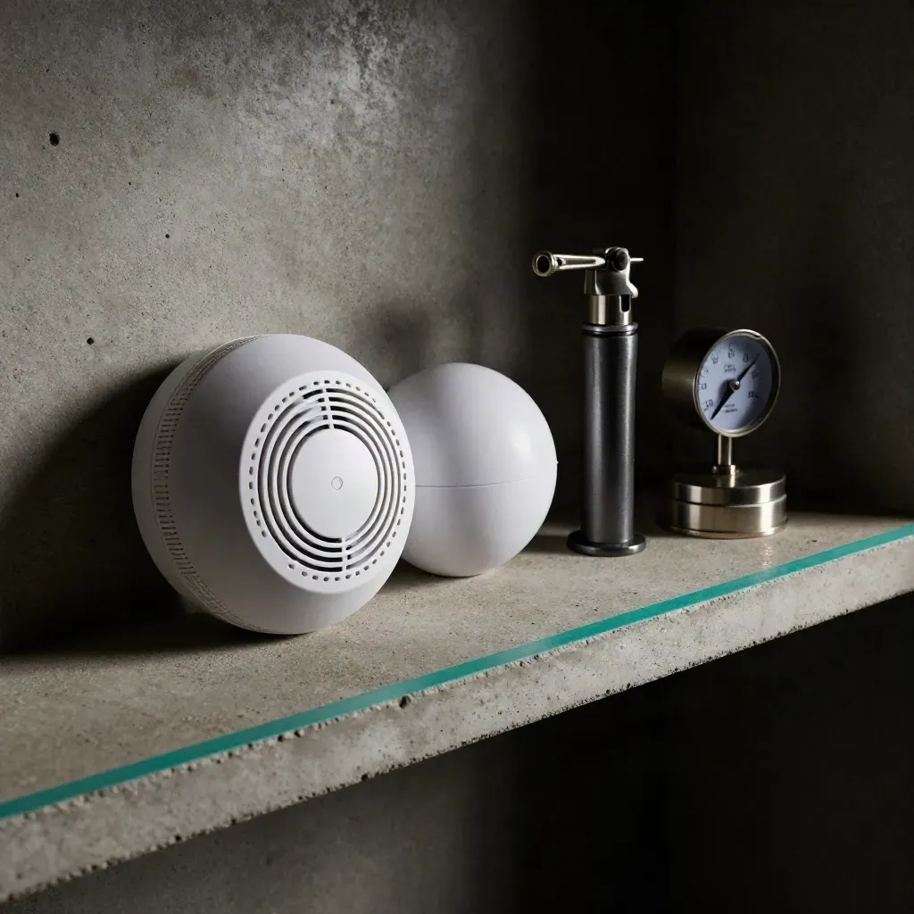 Carbon monoxide alarm, smoke alarm, gas torch and meter cap on a concrete shelf.