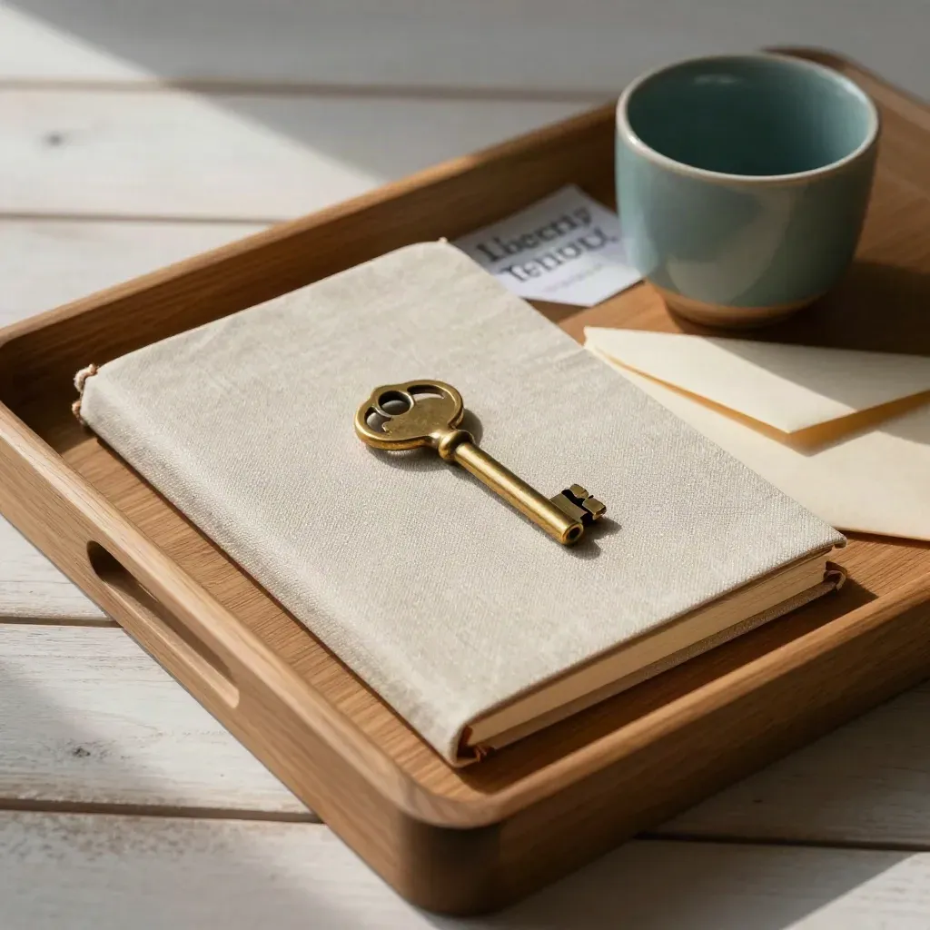 Notebook, brass key, teal cup and envelope on oak with a blurred review card.