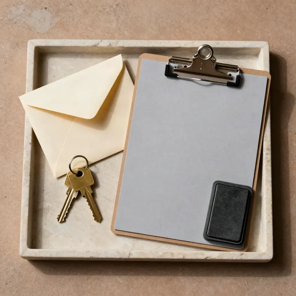 Tray still life with envelope, keys, clipboard and stamp pad on stone