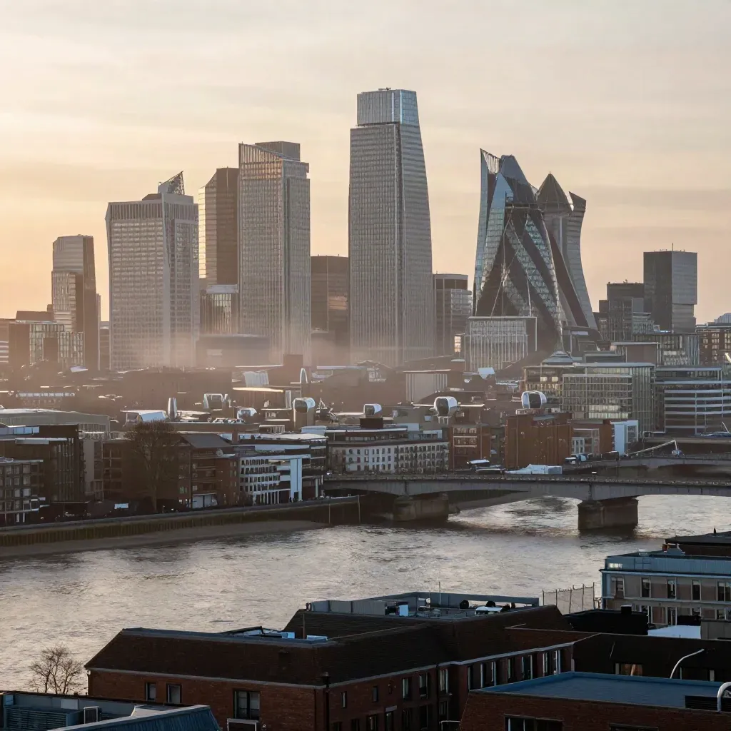 Canary Wharf and the Thames in warm haze above calm London rooftops at sunset