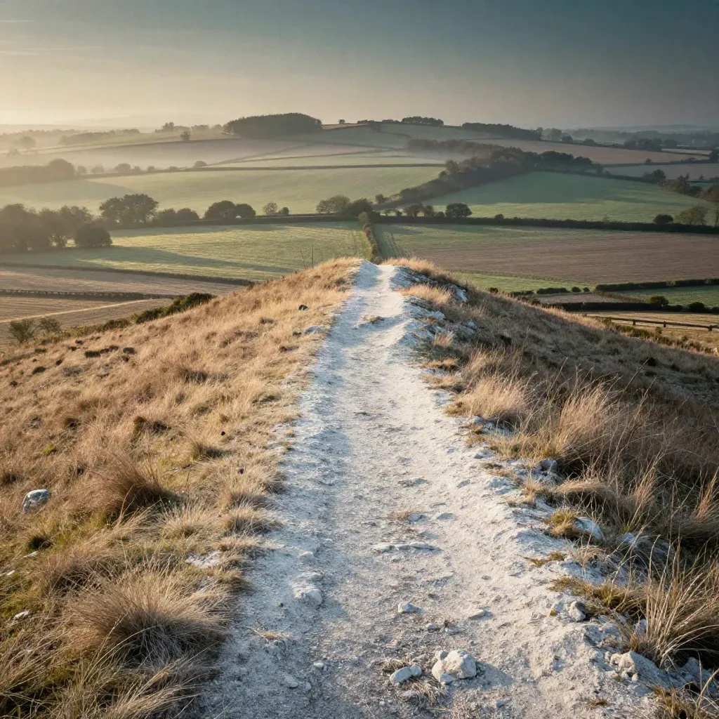 Golden Surrey Hills ridge over misty patchwork fields at sunrise, wide and calm for copy.