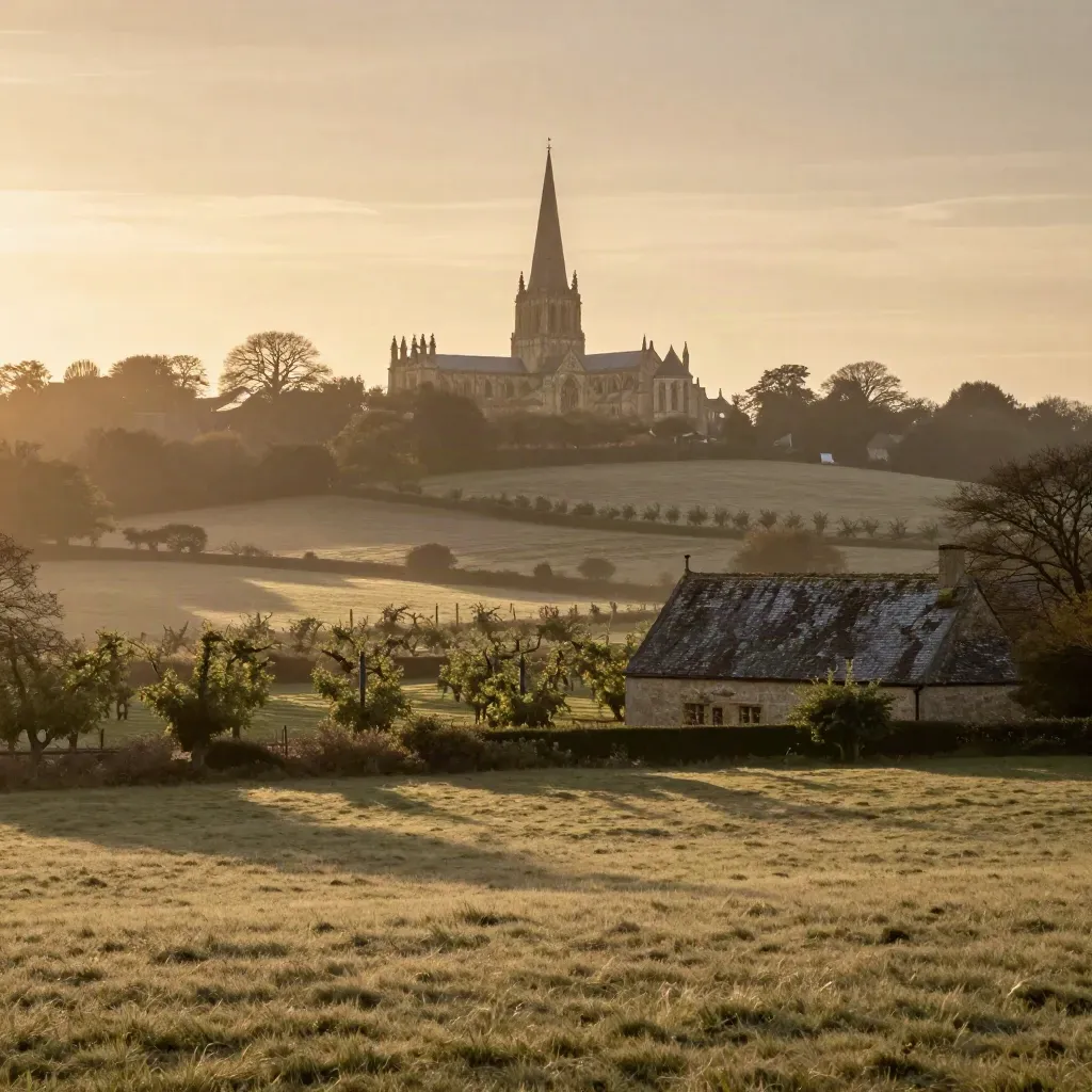 Kent orchards with an oast roof and cathedral spire in warm haze over quiet fields.