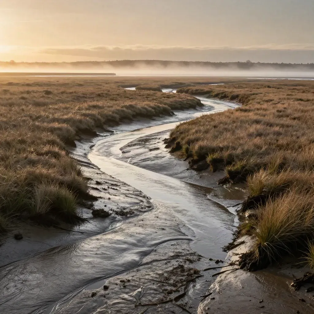 Essex tidal marshes at sunrise, pale saltings and silver channels under soft coastal haze.