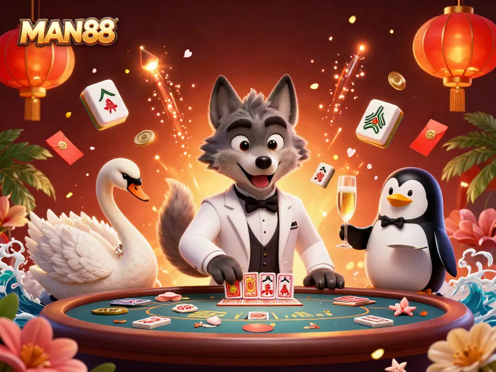 Experience thrilling gaming at MAN88 with 3D characters amidst festive casino elements.