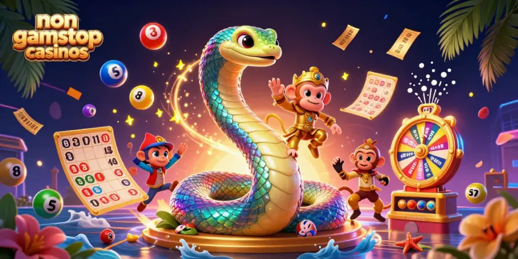 Experience exciting non gamstop casinos with a vibrant 3D casino scene filled with lively characters and elements.