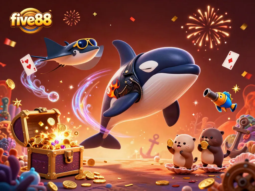 Experience excitement and rewards at five88 with a dynamic casino-themed underwater scene featuring playful sea creatures.