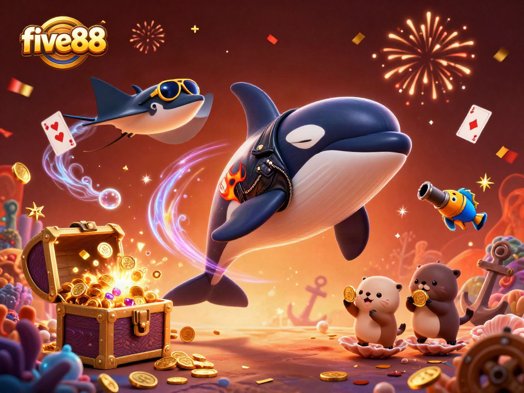 Experience excitement and rewards at five88 with a dynamic casino-themed underwater scene featuring playful sea creatures.